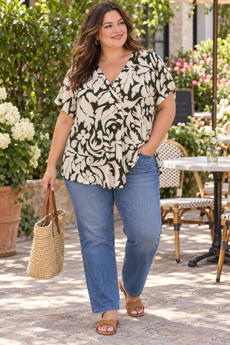 Lane Bryant Green Botanical Print V-Neck Short Sleeve Top Size 18/20